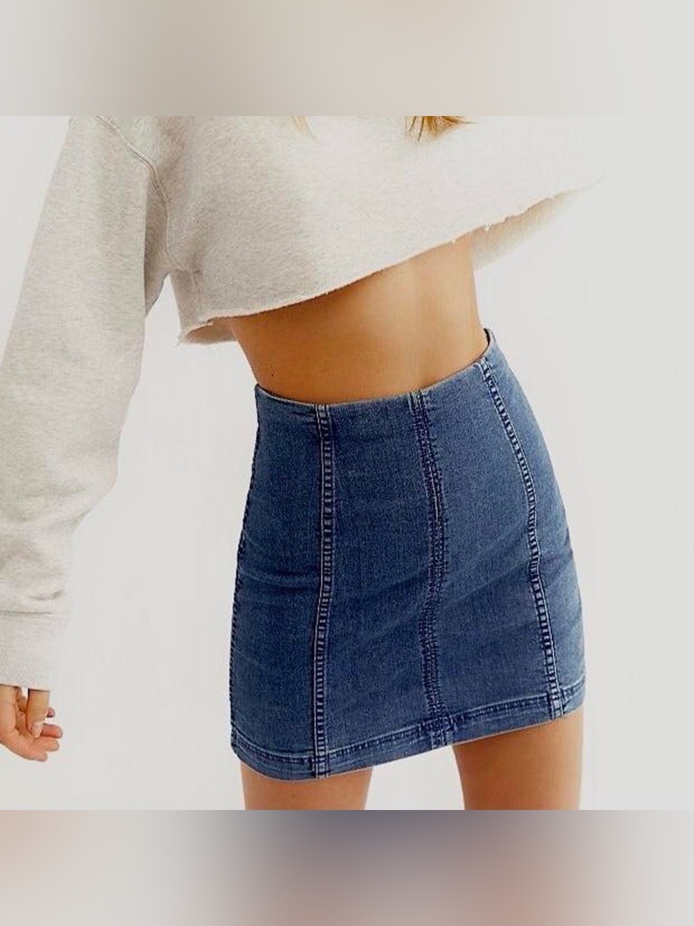 Free People Modern Femme Denim Mini Skirt in a paneled medium wash 8